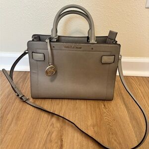 Michael Kors Gray Saffiano Leather Satchel with Gold Hardware